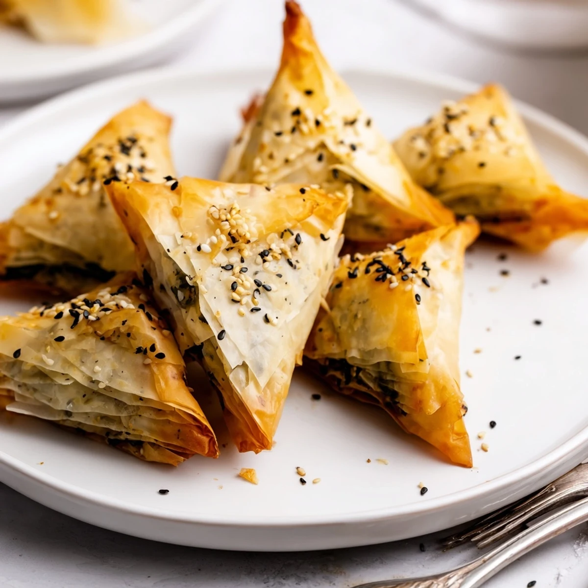 A cluster of baked Mini Spanakopita triangles, perfect for sharing, filled with spinach and herbs.