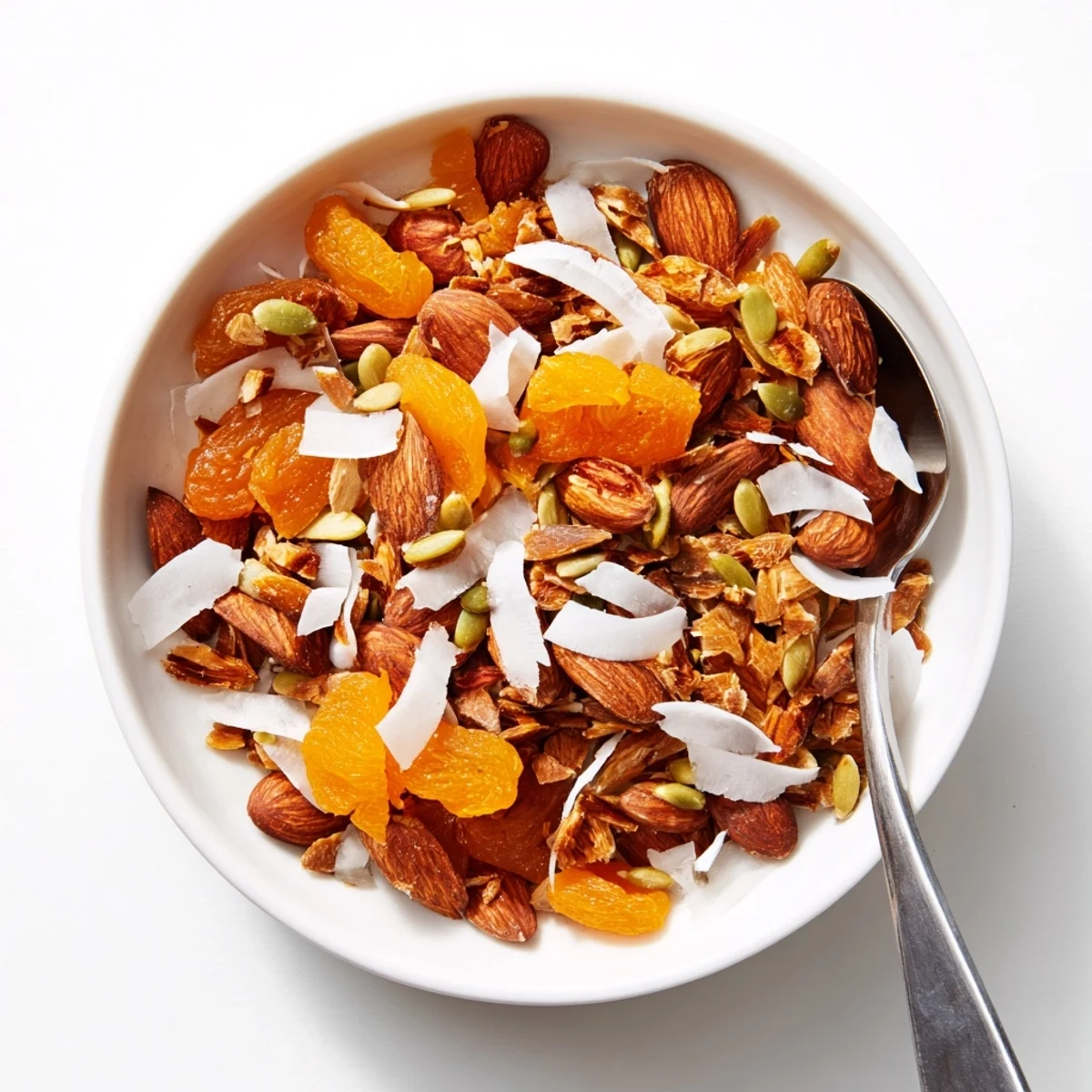 Brightly colored fruit & nut pile featuring dried apricots and almonds, ready for snacking or sharing.