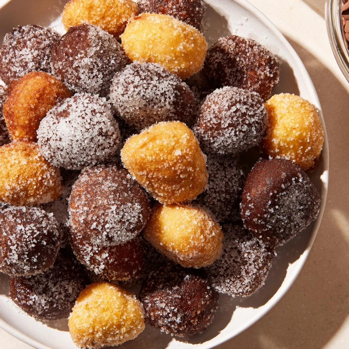 A towering stack of powdered donut holes, a sweet and delicious American dessert ready to enjoy.