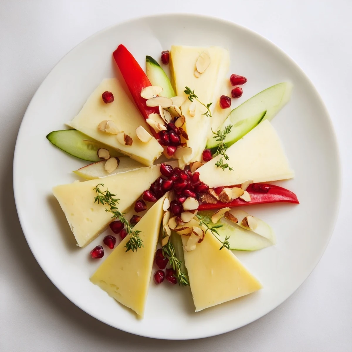 The Tessellation Triangle appetizer board features artfully arranged triangles of cheese, fruits, and vegetables.