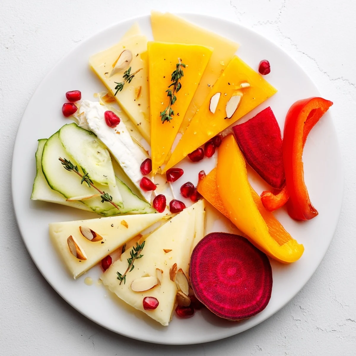 Vibrant The Tessellation Triangle grazing board showcases colorful triangular cheeses, fruits, and crackers for any gathering.
