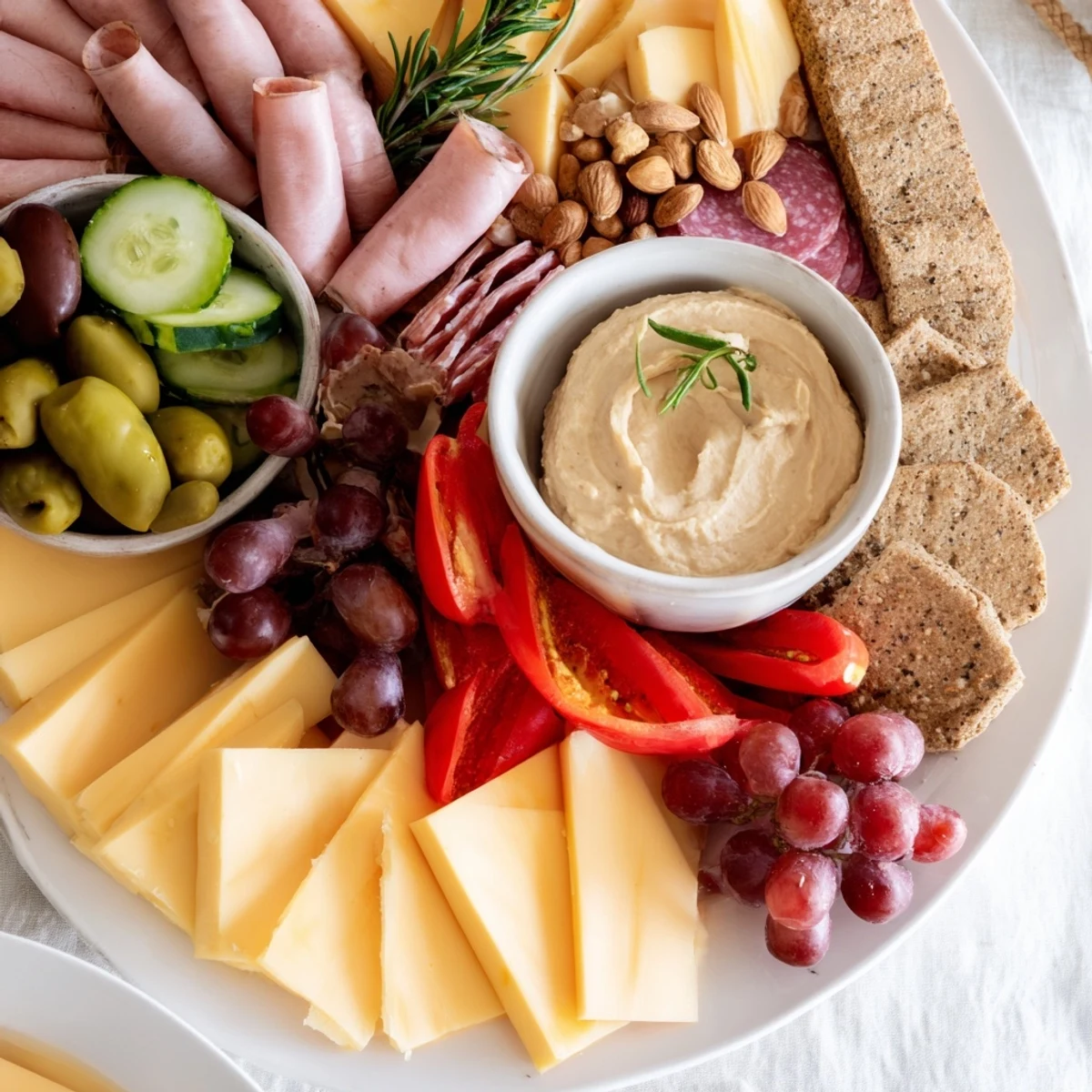Arrowhead Directional Board loaded with colorful cheeses, meats, and fresh produce all pointed toward dip.