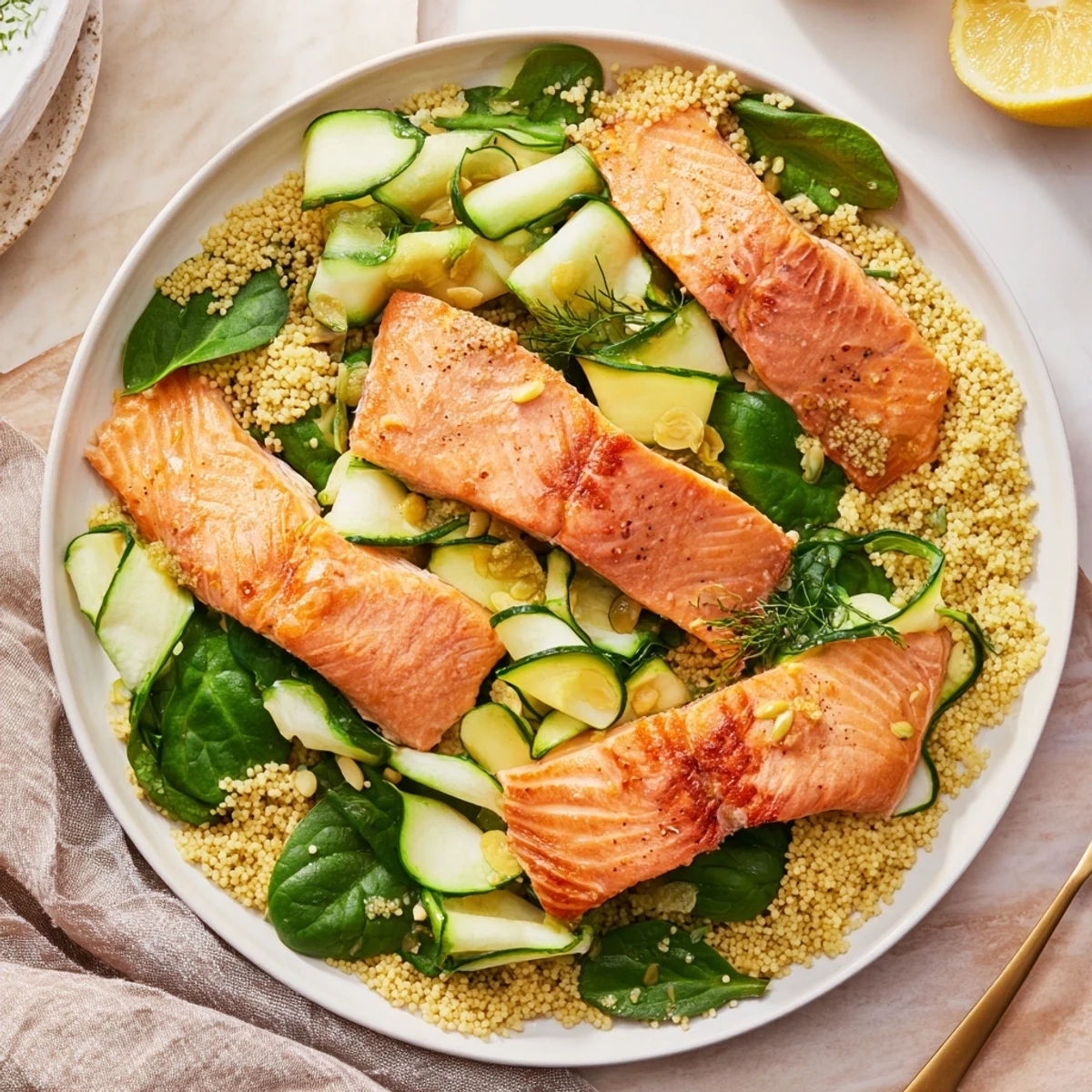 Elegant The Infinity Loop Flow, with salmon flaked over couscous and vibrant vegetable ribbons.