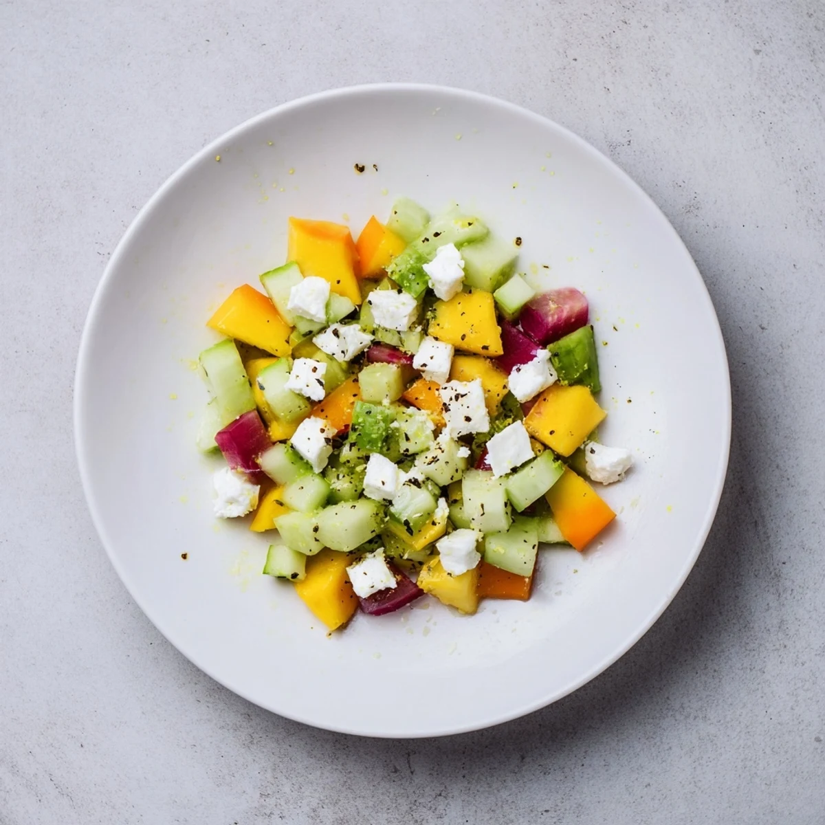 A vibrant Cube Geometry Study salad, showcasing precisely cubed fruits, vegetables, and feta cheese.