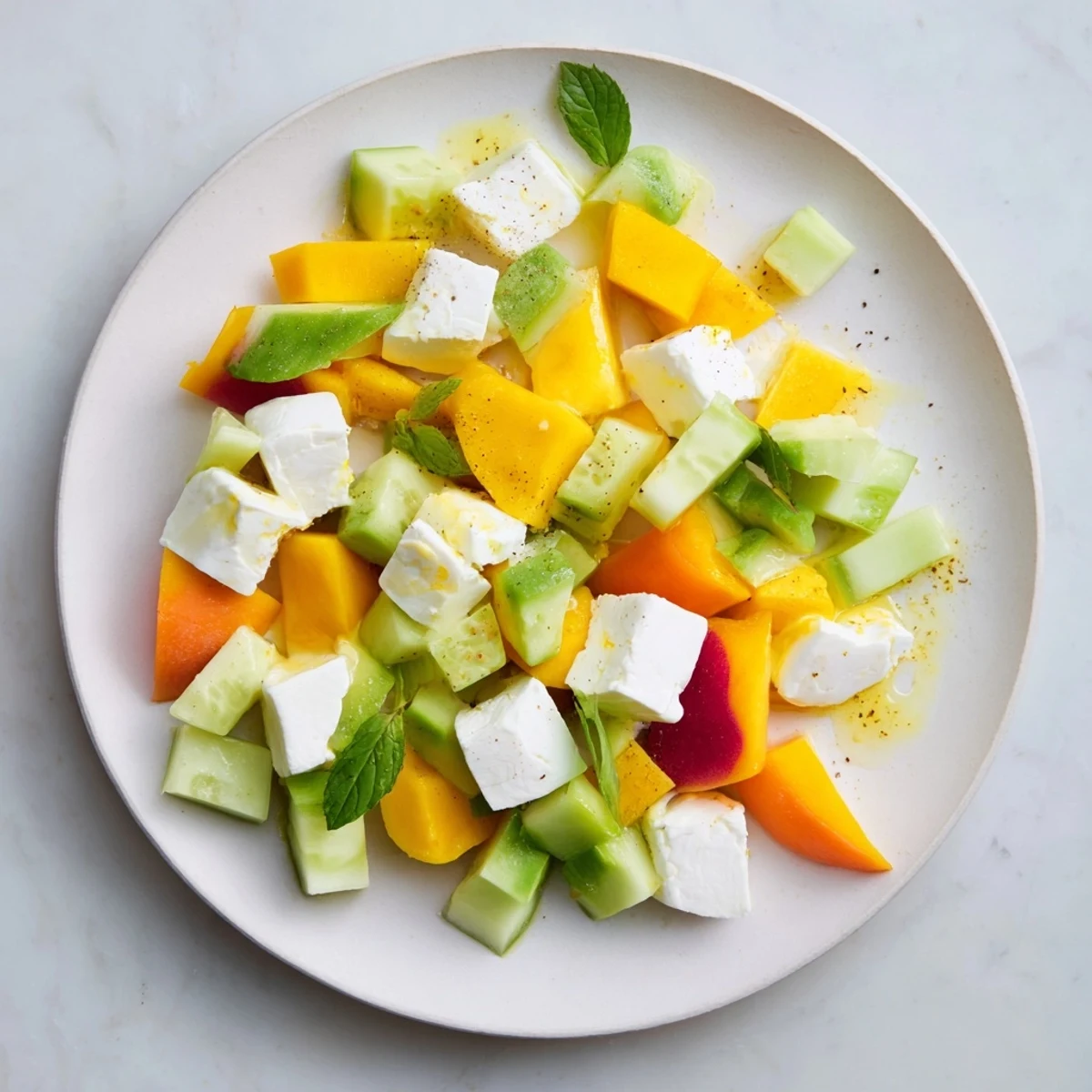 This beautiful Cube Geometry Study salad features colorful, geometrically arranged ingredients with a light dressing.
