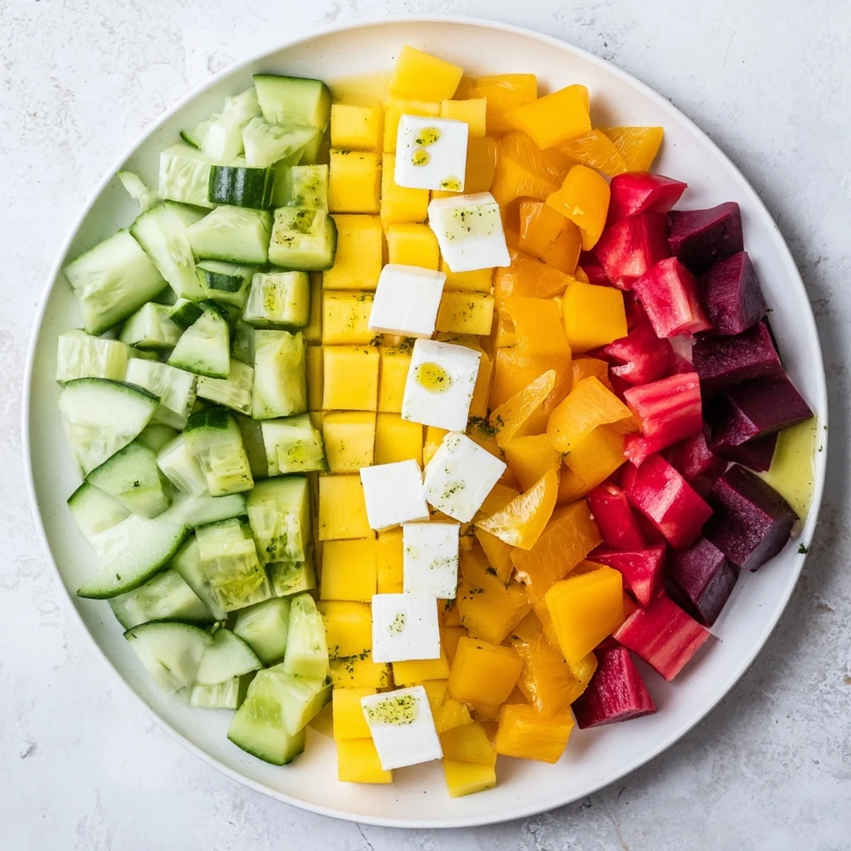 Fresh Cube Geometry Study salad: a visually stunning array of perfectly cubed produce, ready to be enjoyed.