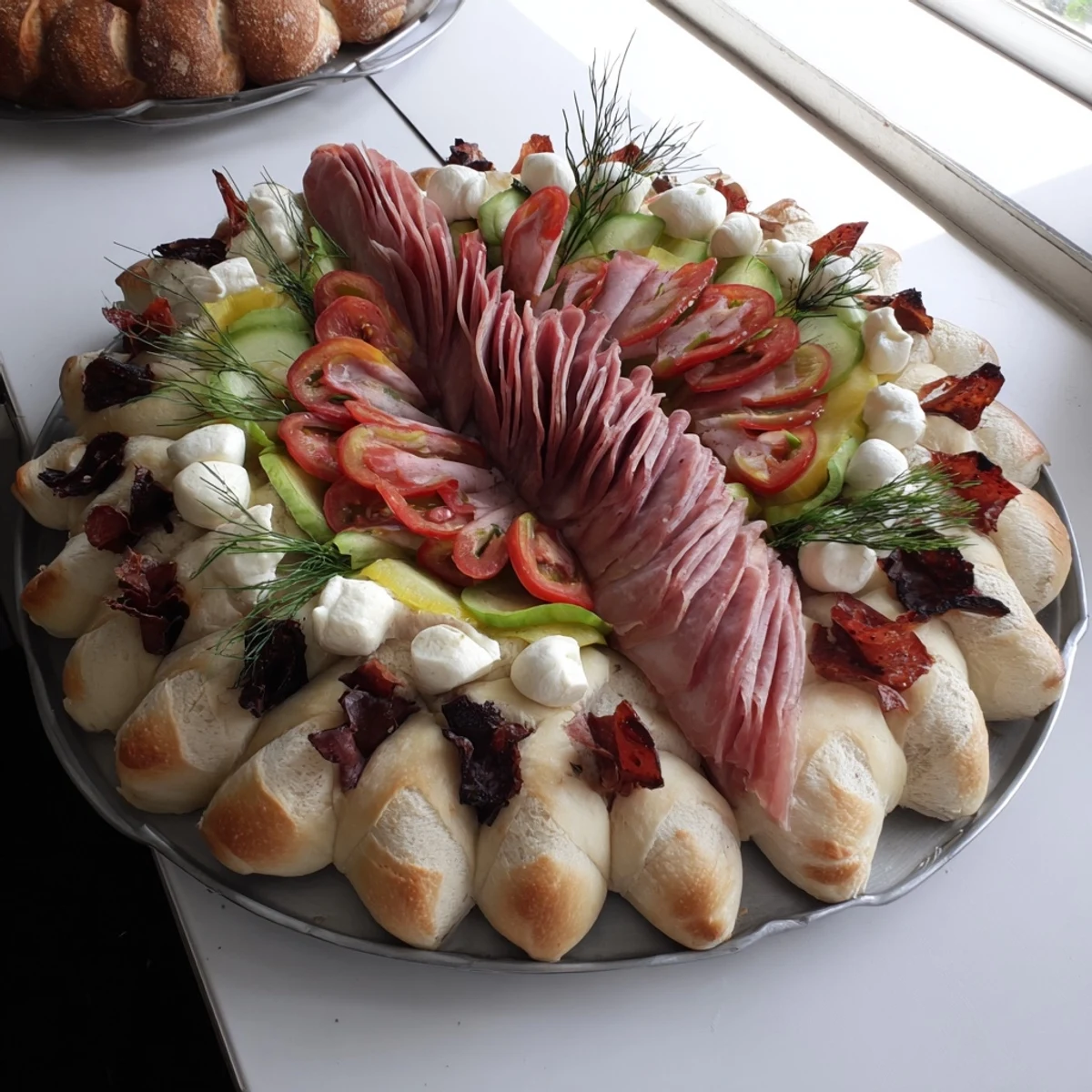Savory Fractal Tree Branching Bread Platter, ready to eat with olives, cheeses, and crackers.