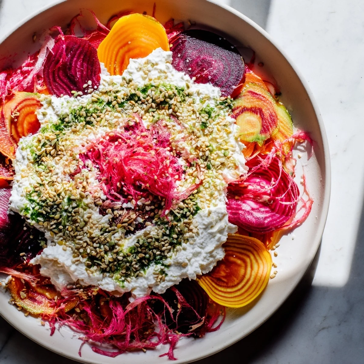 Radial Symmetry Sunburst salad: Colorful sliced beets and squash artfully arranged, a truly beautiful vegetarian appetizer.