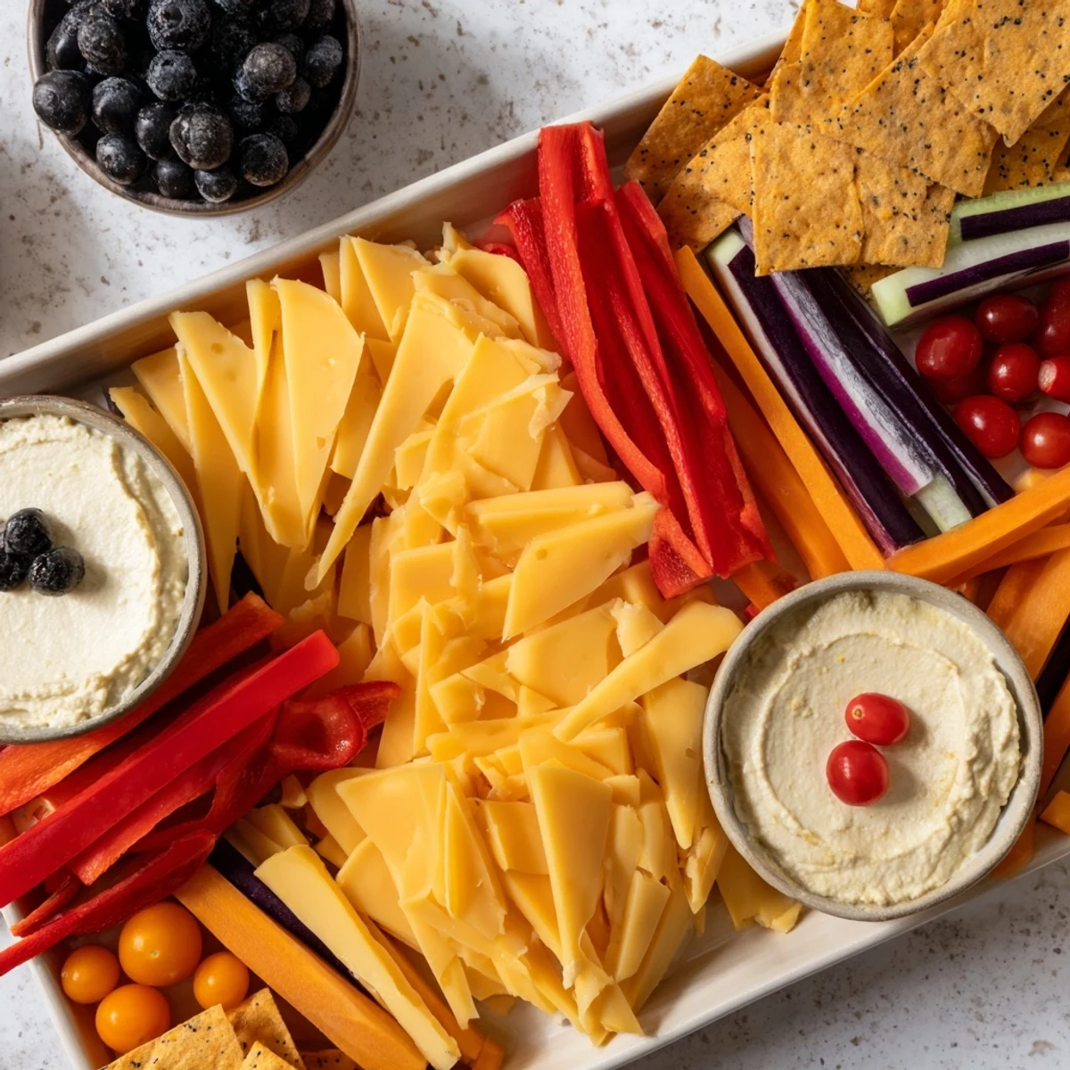 A visually striking Zig-Zag Lightning Strike platter boasts colorful veggies, cheese, and crunchy snacks for an impressive appetizer.