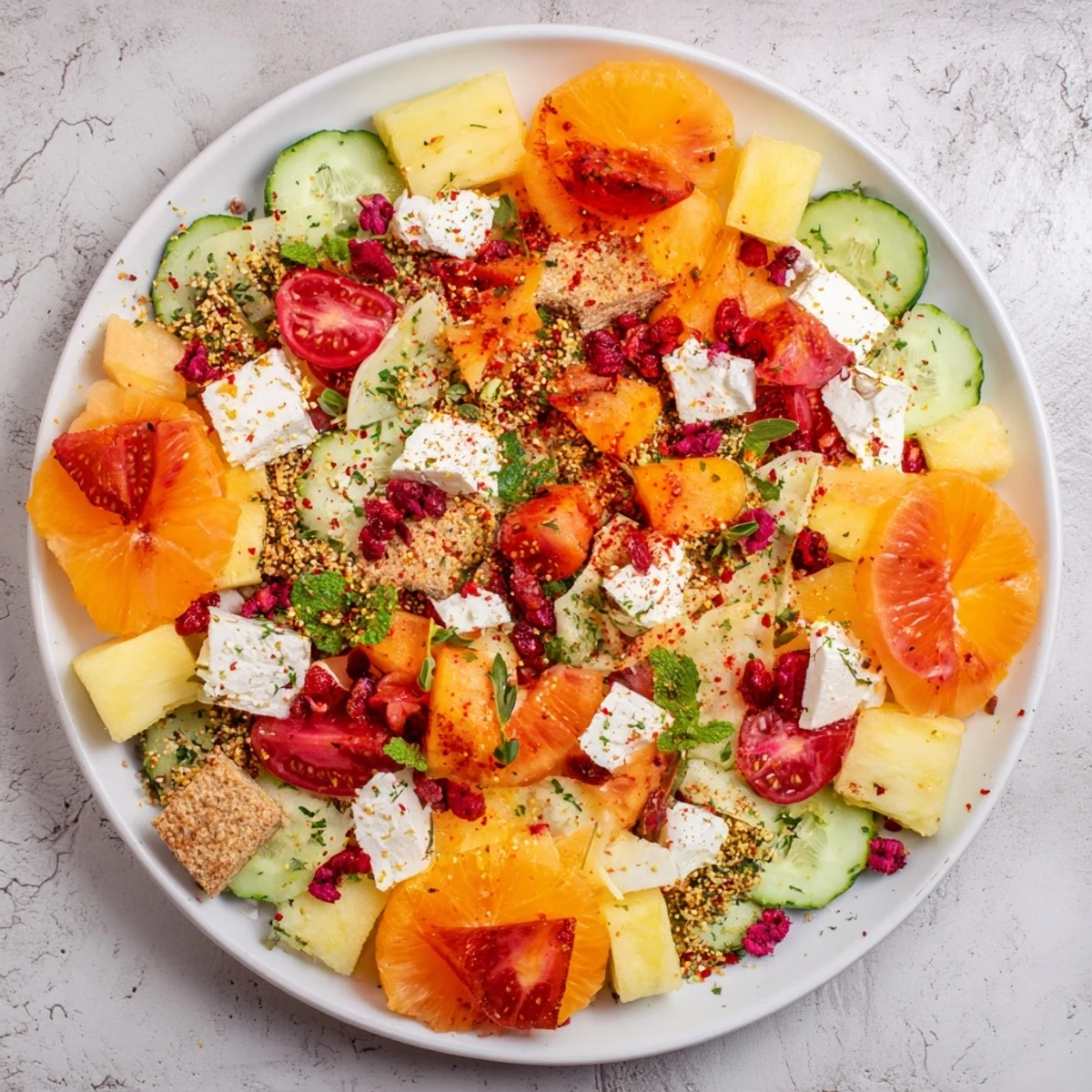 Vibrant concentric rings of flavor: sweet pineapple, savory feta, and spicy chickpeas, beautifully arranged.