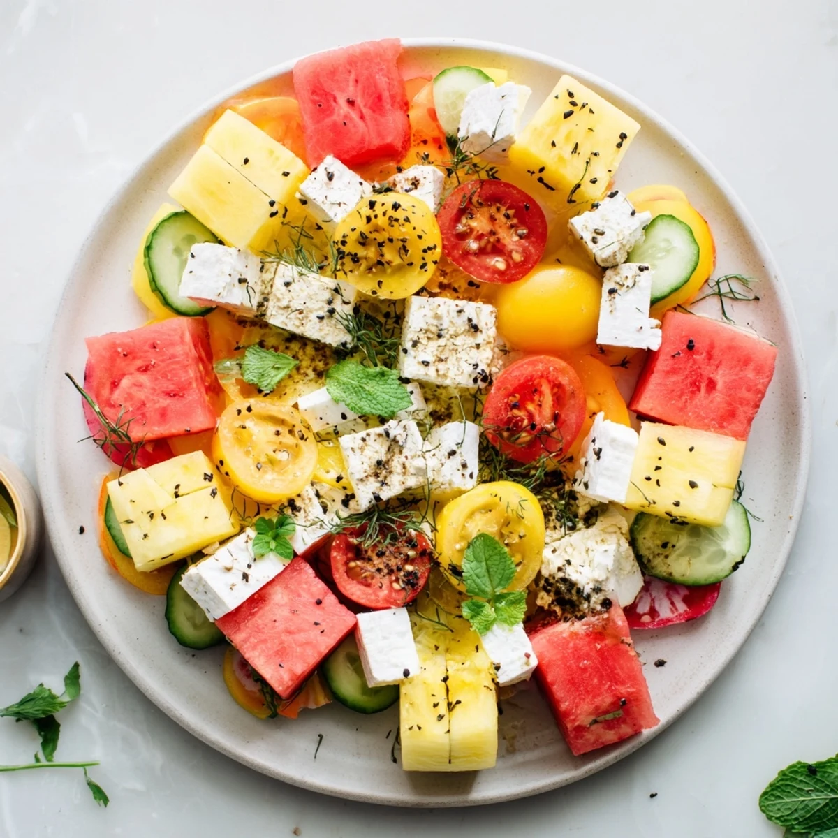 This eye-catching concentric rings of flavor appetizer features a flavorful arrangement of fresh ingredients ready to enjoy.