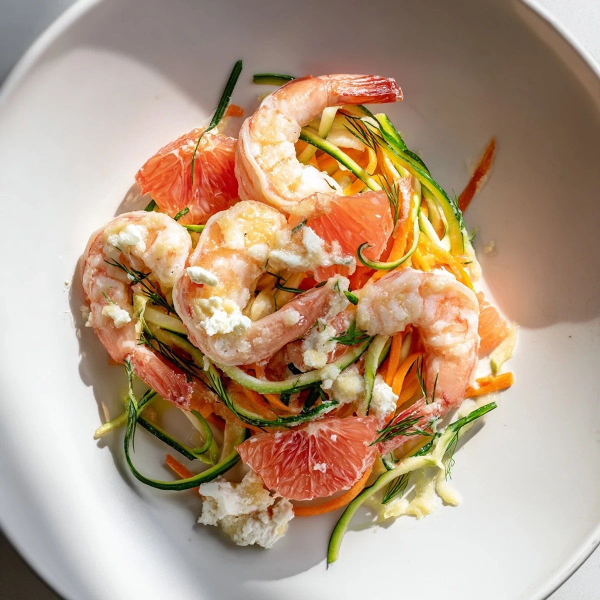 Vibrant "The Coral Reef" dish features pink shrimp, citrus, and bubbling Gruyère, a beautiful, unique main course.