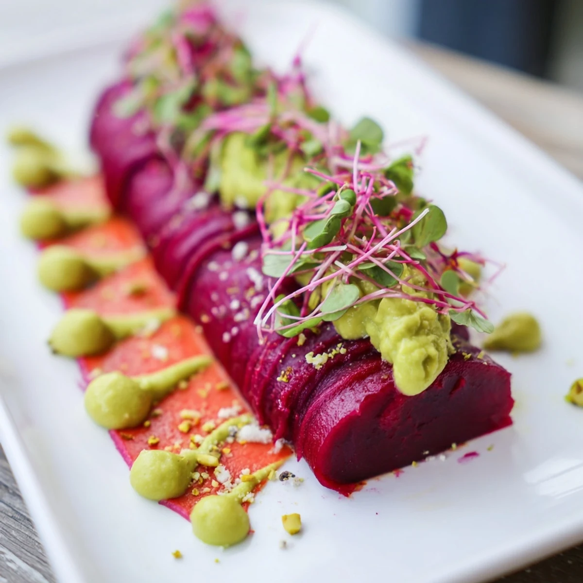 A clean serving board displays The Modernist Stripe, a vivid vegetarian appetizer striped with colorful purées.