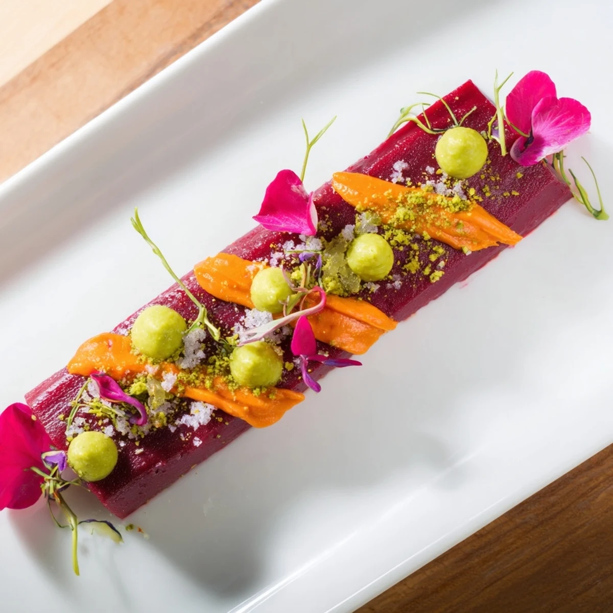 The Modernist Stripe features vibrant beet purée with carrot, avocado, and beautiful garnishes for an appetizer.