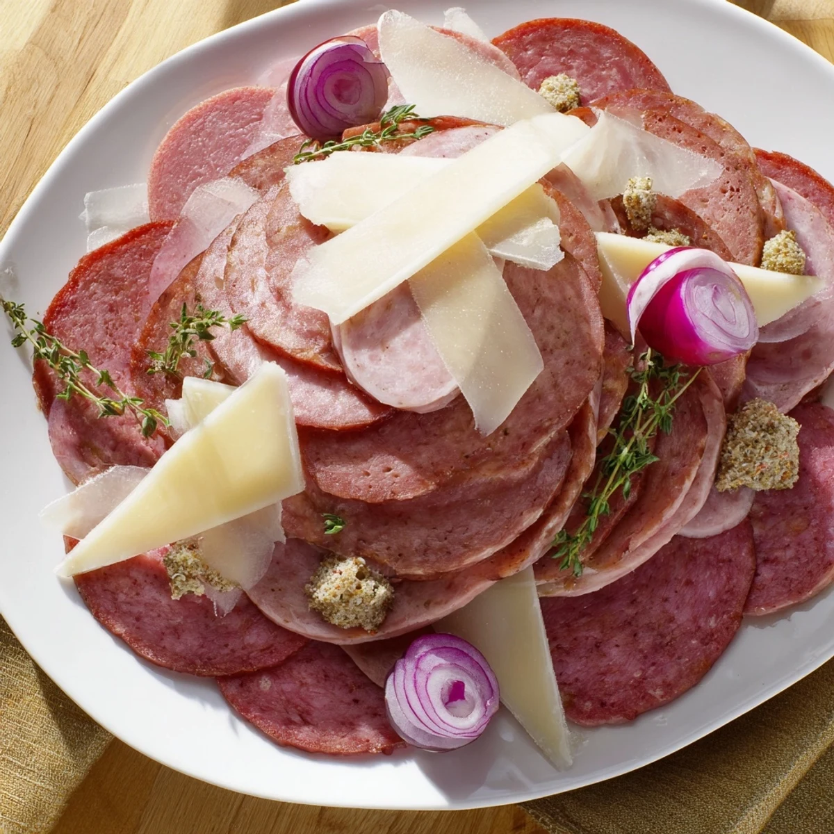 This Burlap & Lace recipe picture shows an inviting platter with savory meats, shaved cheeses, and garnishes.