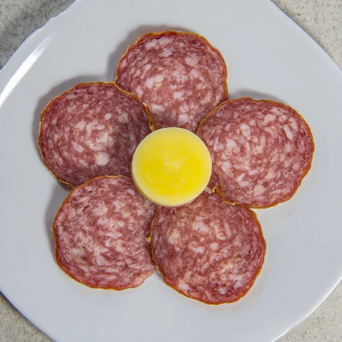 Appetizing Tudor Rose appetizer: five salami petals elegantly framing the yellow cheese center.