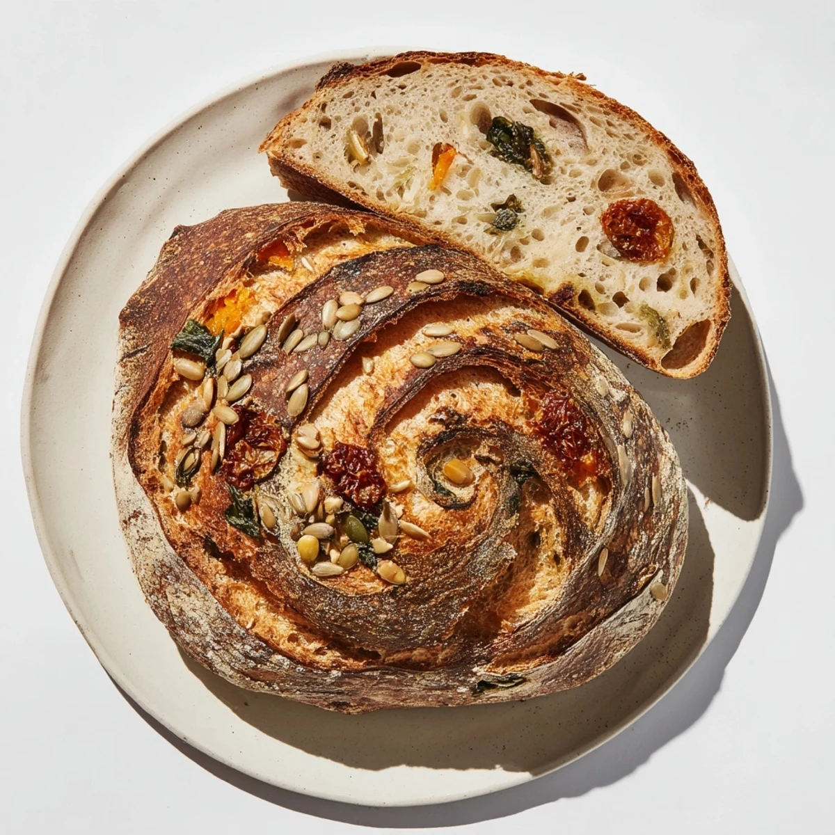 A freshly baked Fibonacci Spiral Growth Bread with a beautifully crisp, golden crust.