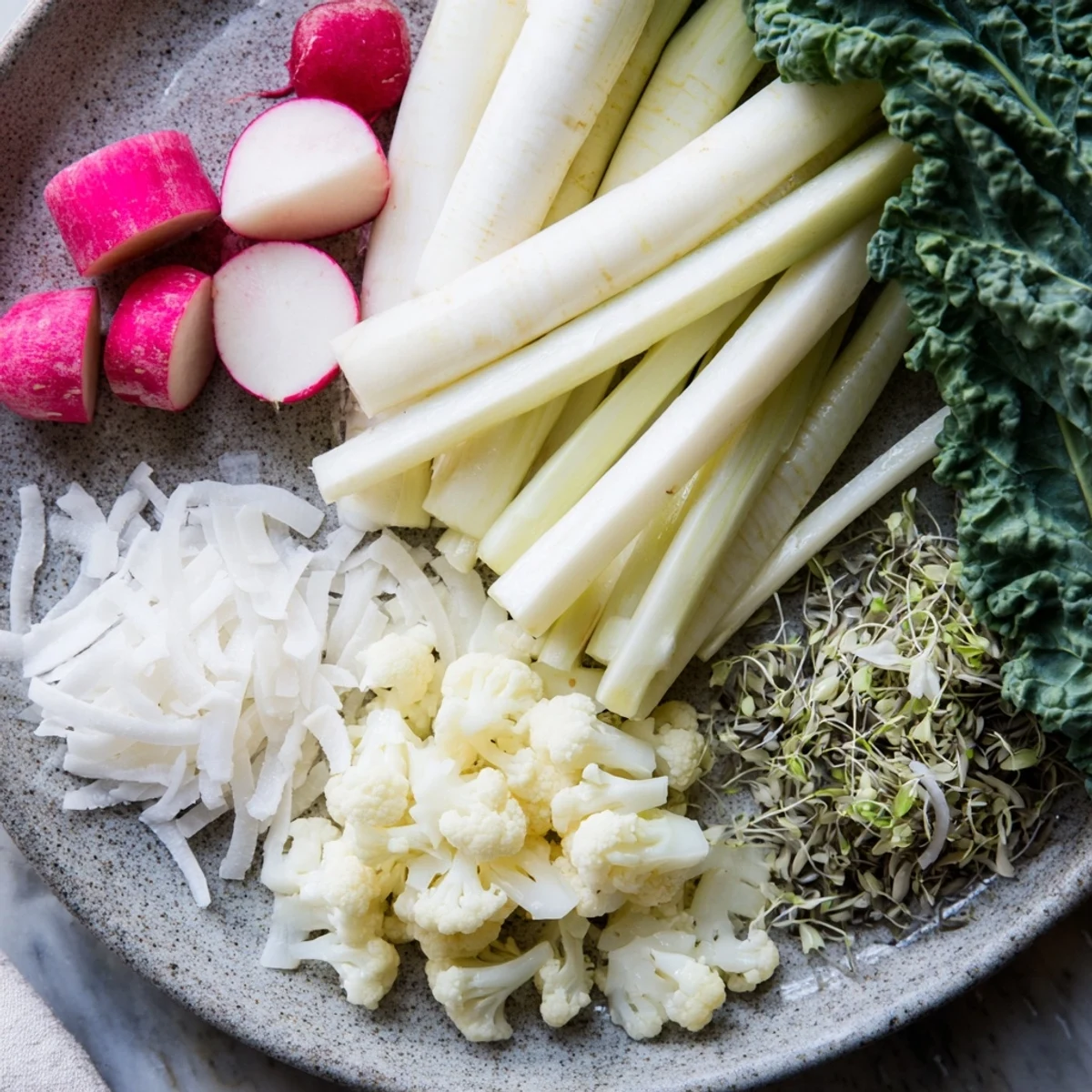 Freshly plated, The Tundra Trek features crisp white vegetables and delicate, scattered garnishes.