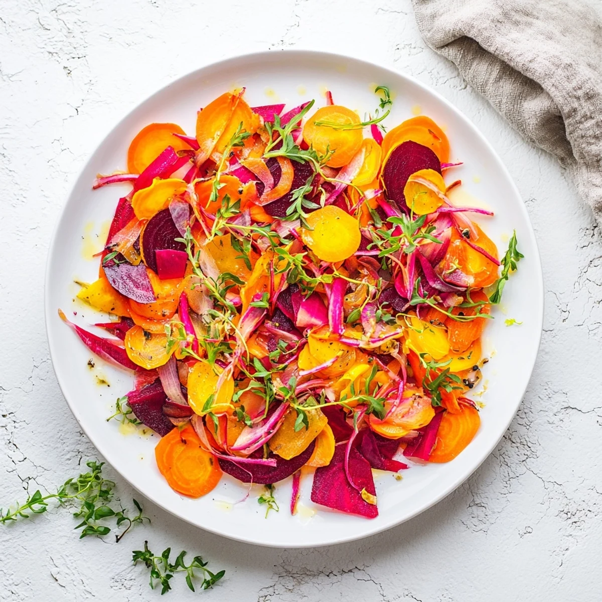 Vibrant "Spinning Top" salad with thinly shaved vegetables crisped and arranged perfectly for an appetizer.