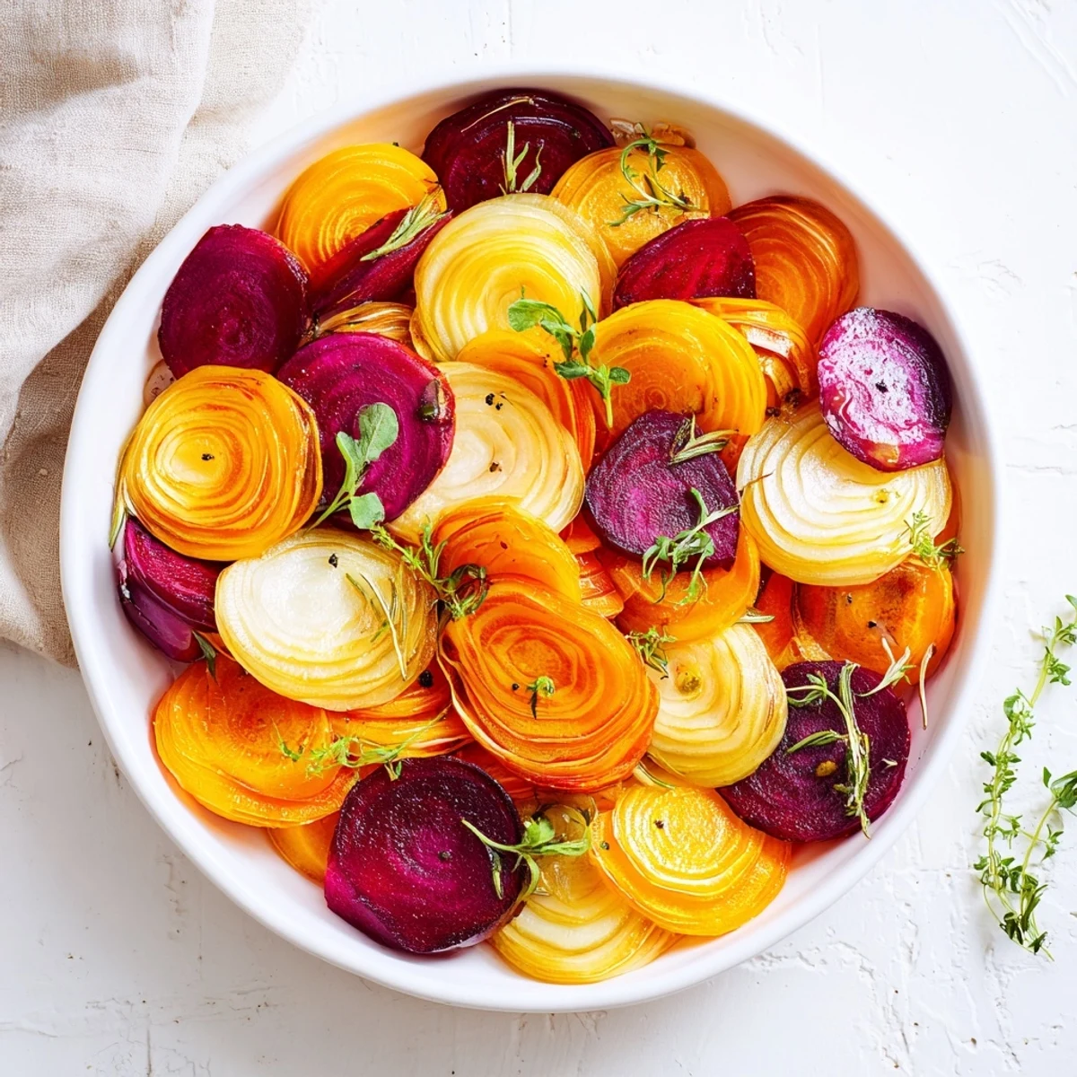 A close up of the artistic "Spinning Top" salad, showing crisp vegetables and fresh herbs ready to enjoy.