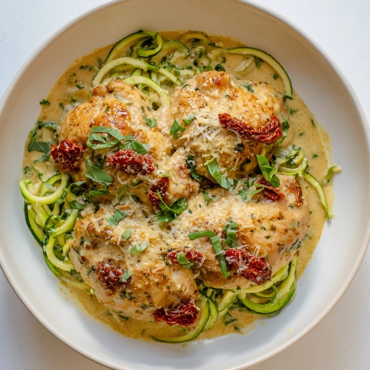 Creamy Marry Me Chicken Zoodles, featuring tender chicken and vibrant sun-dried tomato sauce, ready to serve over zoodles.