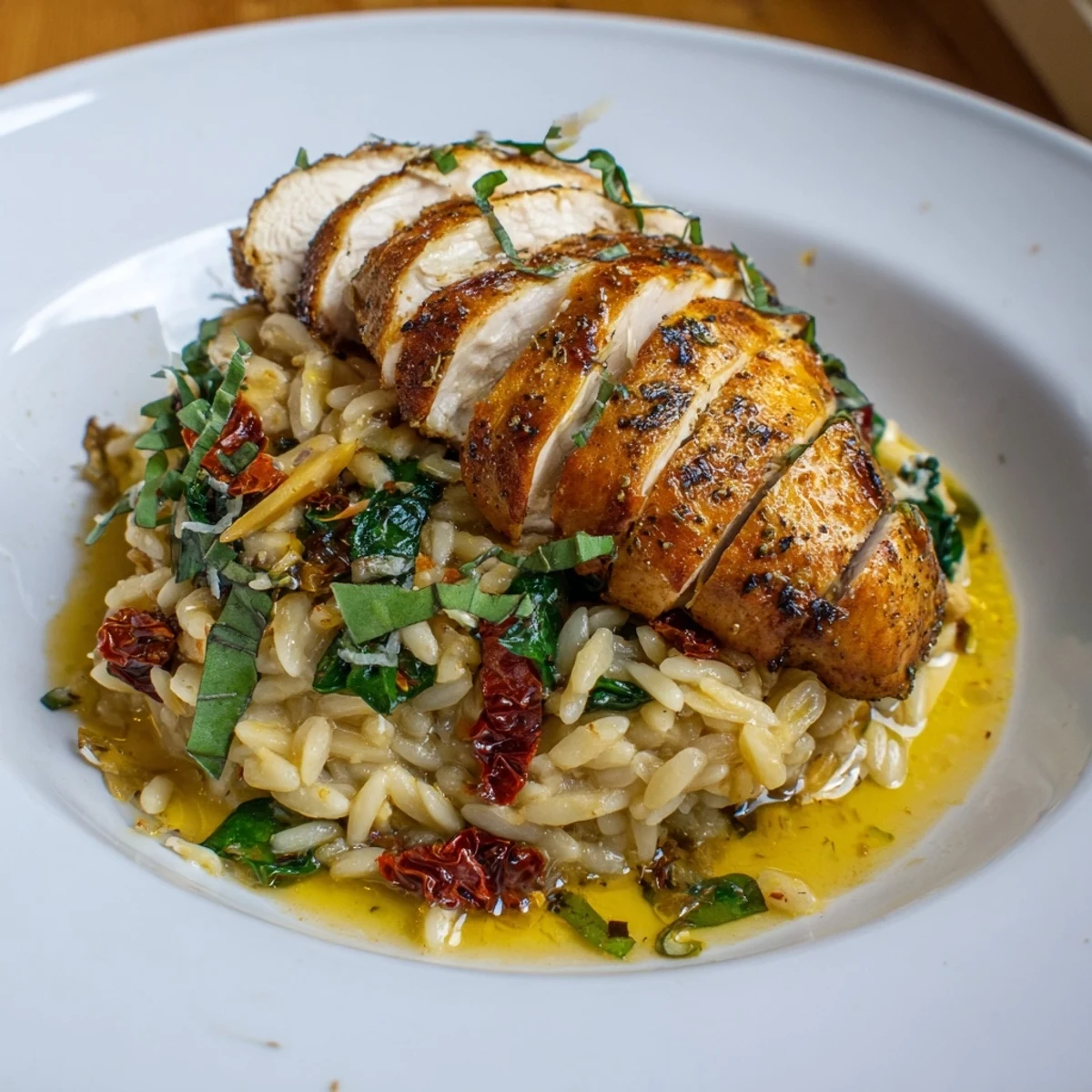 This flavorful bowl of Marry Me Chicken Orzo features parmesan cheese and fresh basil, a perfect dinner.