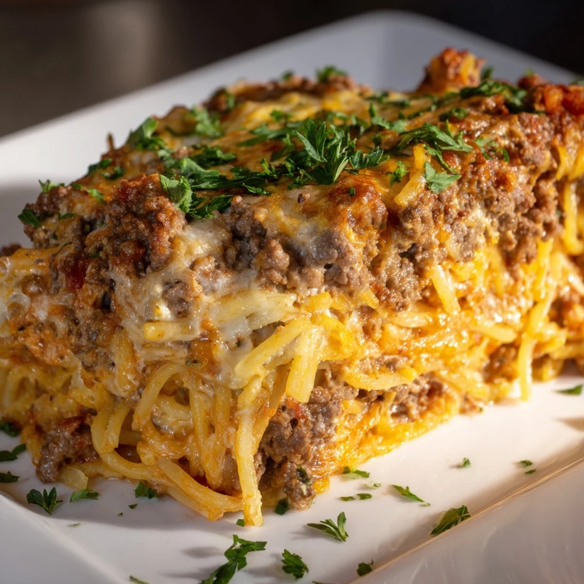 Golden, bubbling Tinis Baked Spaghetti, a crowd-pleaser with cheesy layers and savory ground beef.