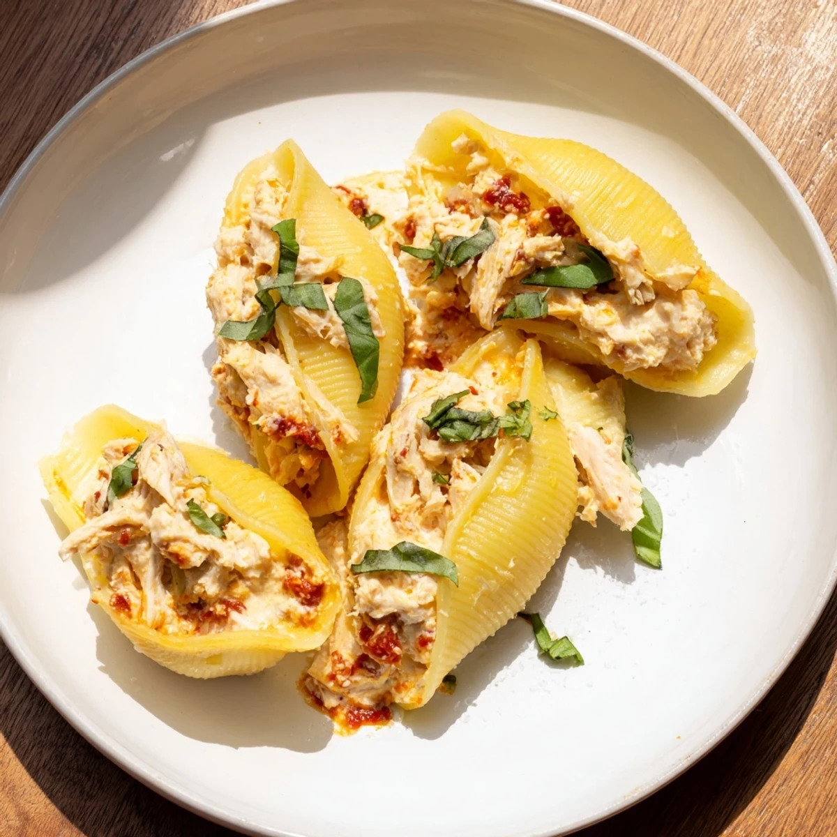 Marry Me Chicken Stuffed Shells: Creamy, cheesy pasta baked bubbling hot and garnished with fresh basil.