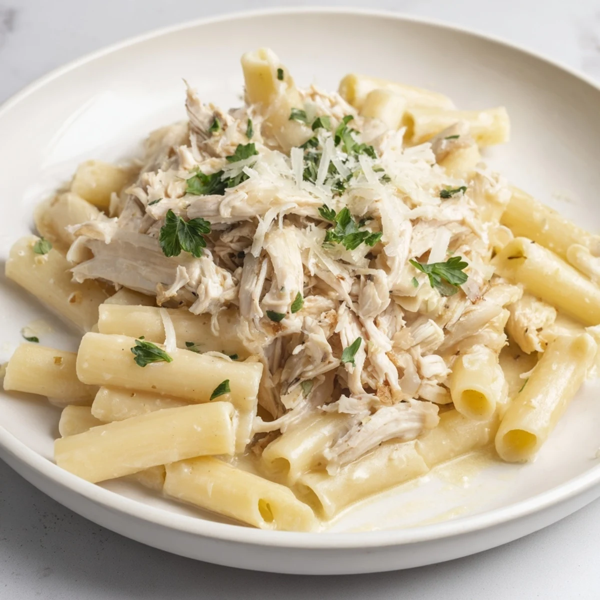 Golden penne pasta coated in creamy sauce, with shredded chicken, makes up Tinis Creamy Chicken Pasta.