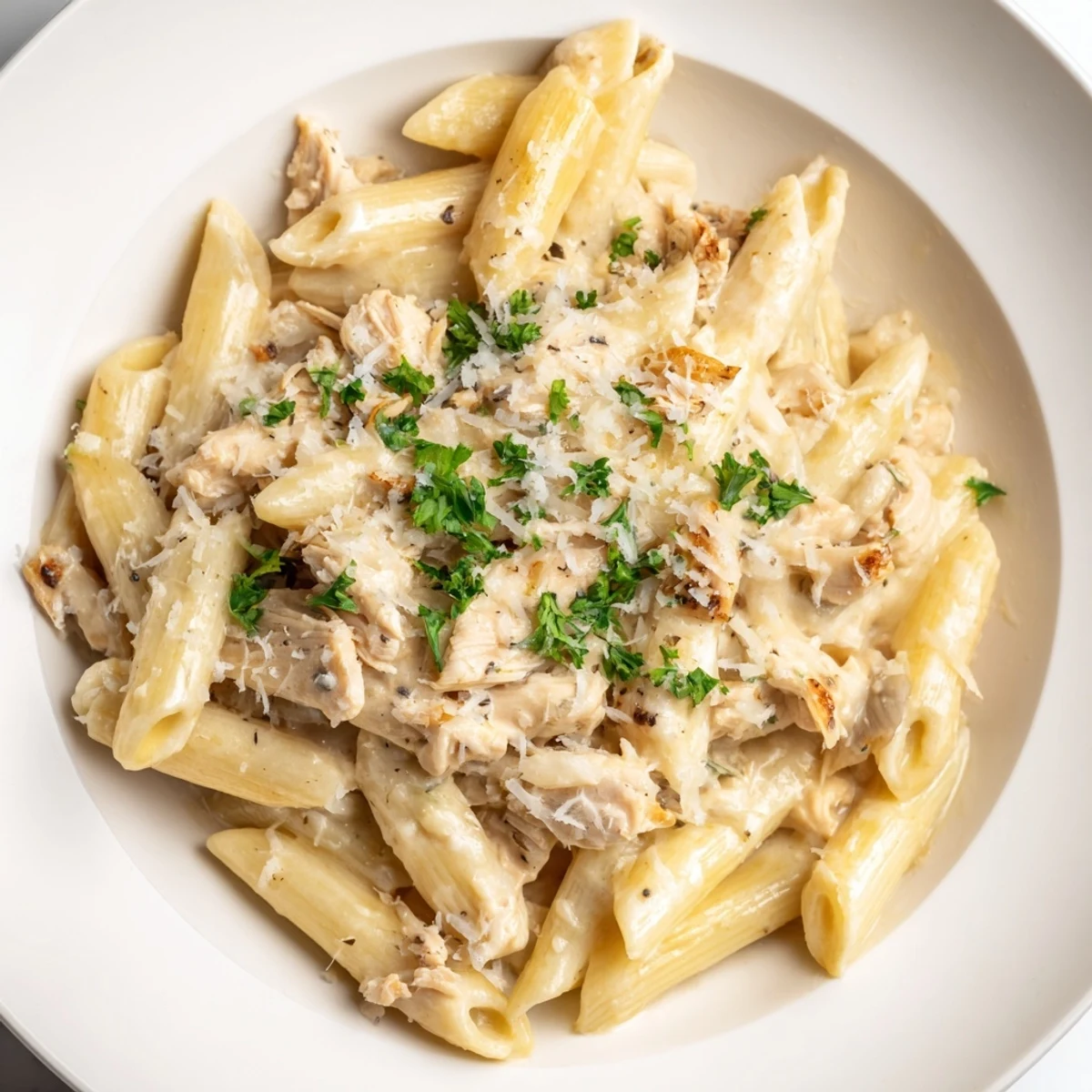 Tinis Creamy Chicken Pasta, a comforting dish with tender chicken and Parmesan, looks absolutely delicious!