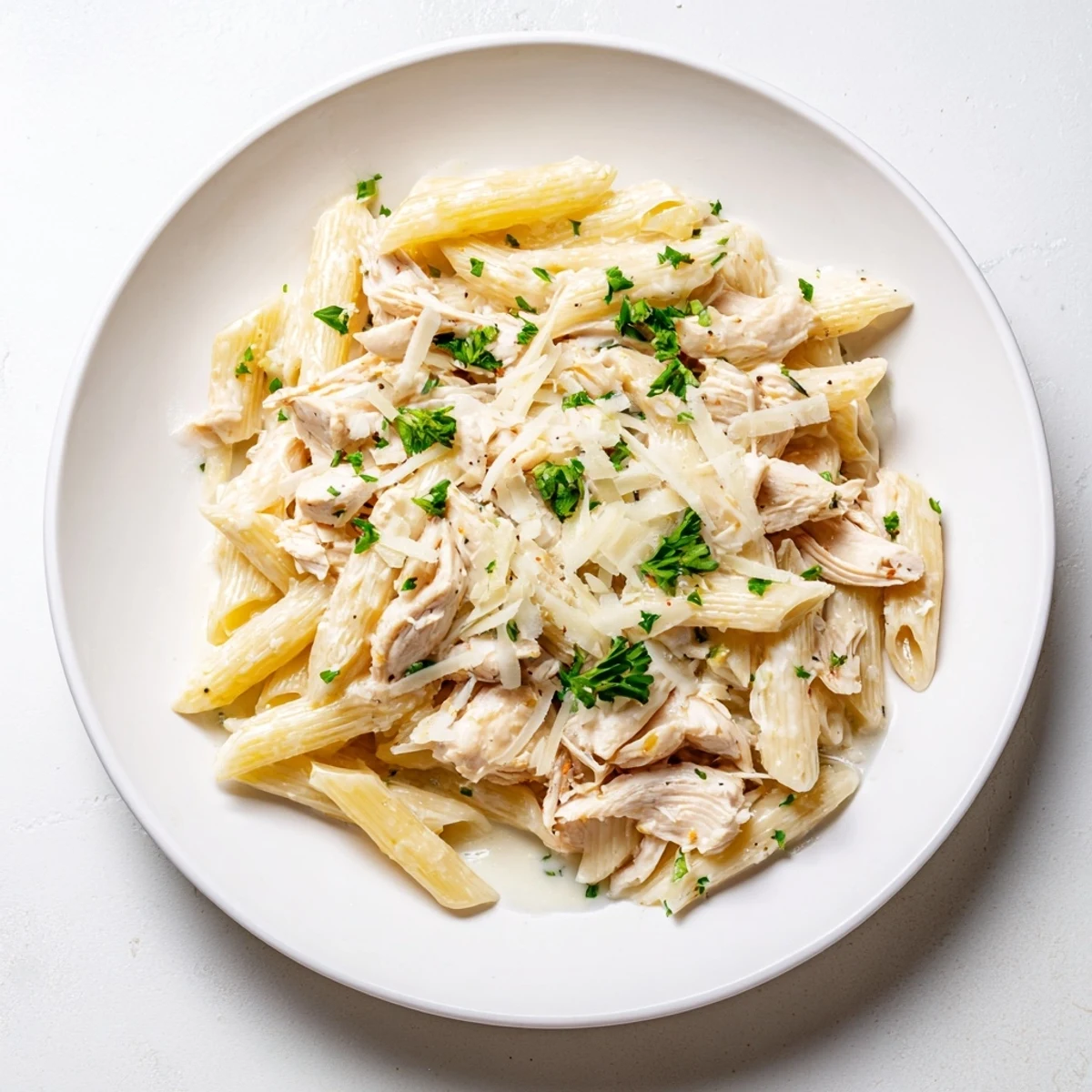 Savory Tinis Creamy Chicken Pasta is topped with fresh parsley, promising a flavorful, satisfying meal.