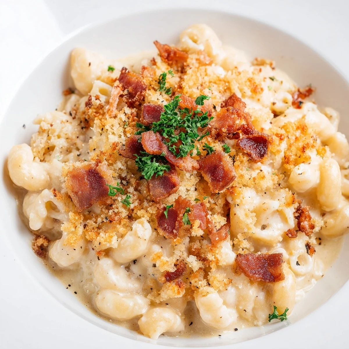 Imagine warm, cheesy Tinis Mac and Cheese with Bacon, served in a casserole dish with parsley garnish.