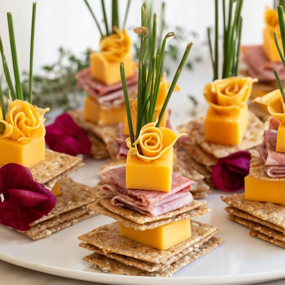 Layered Urban Skyline appetizer shows a dramatic cityscape built with cheese, meats, and crackers.