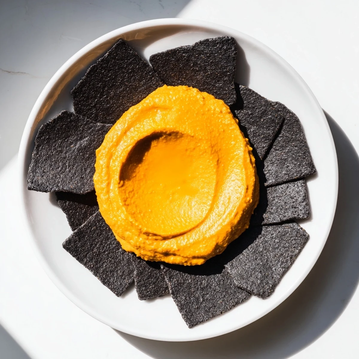 The Midnight Sun appetizer featuring a vibrant carrot and turmeric dip, surrounded by dark crackers.