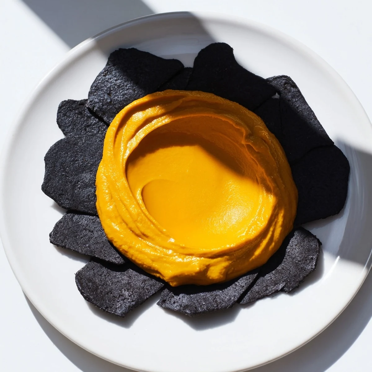 Imagine a Midnight Sun: roasted carrot dip ringed with dark crackers, a beautiful appetizer to share.