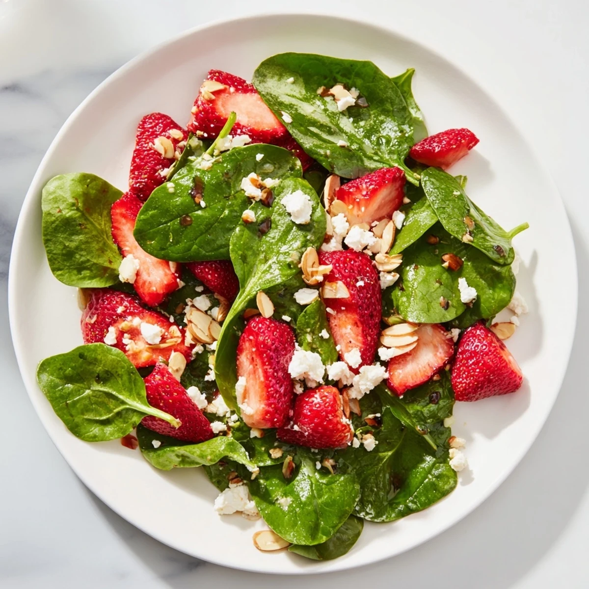 Vibrant strawberry spinach salad with juicy red strawberries and creamy feta, ready to enjoy.