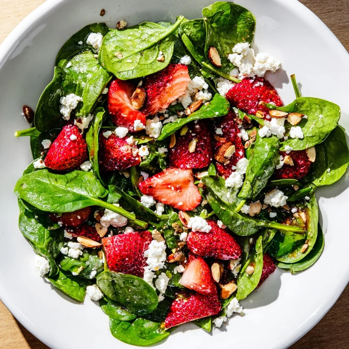 Beautiful strawberry spinach salad tossed with a tangy balsamic vinaigrette, perfect for summer.