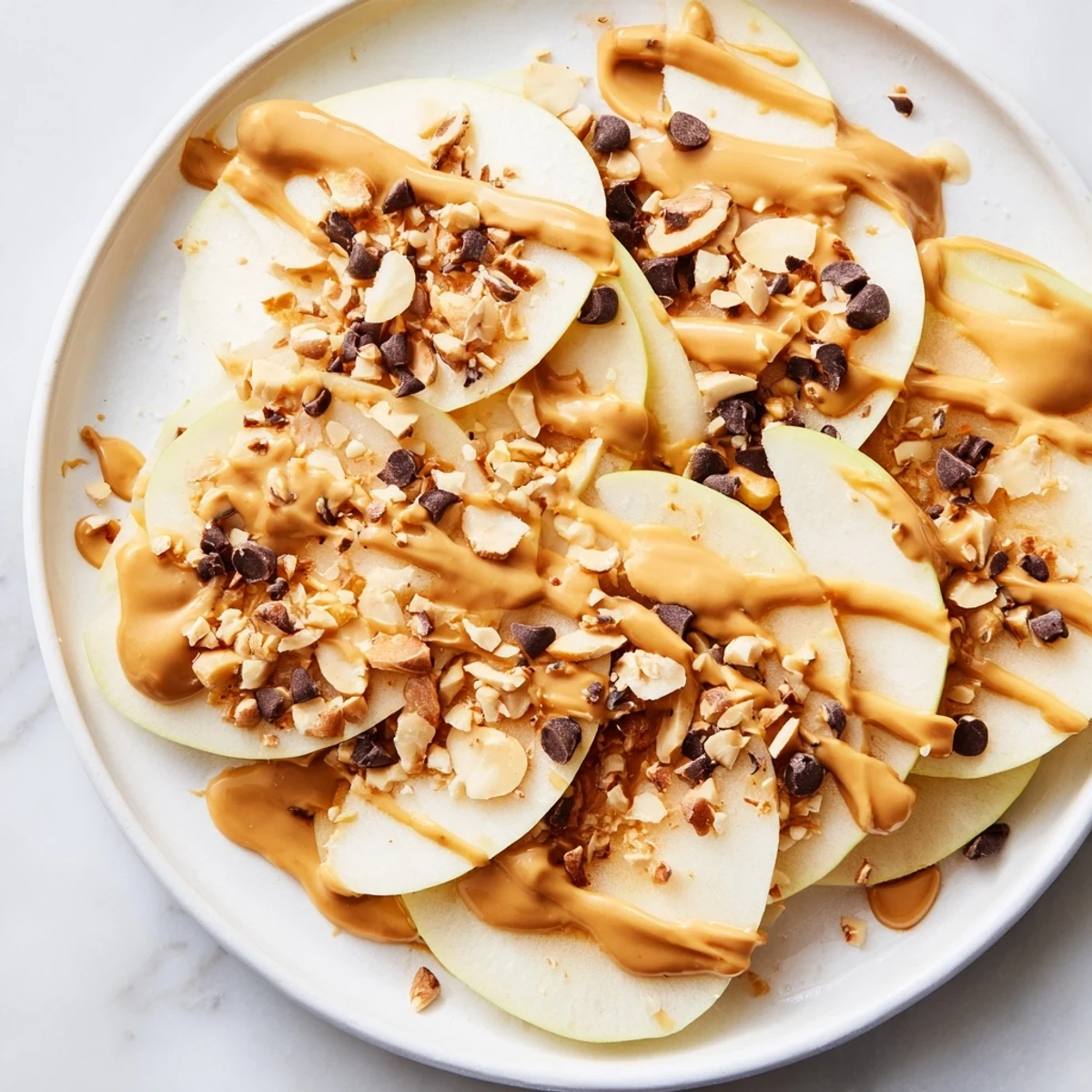 Platter of Peanut Butter Apple Nachos, featuring crisp apples drizzled with peanut butter and honey.