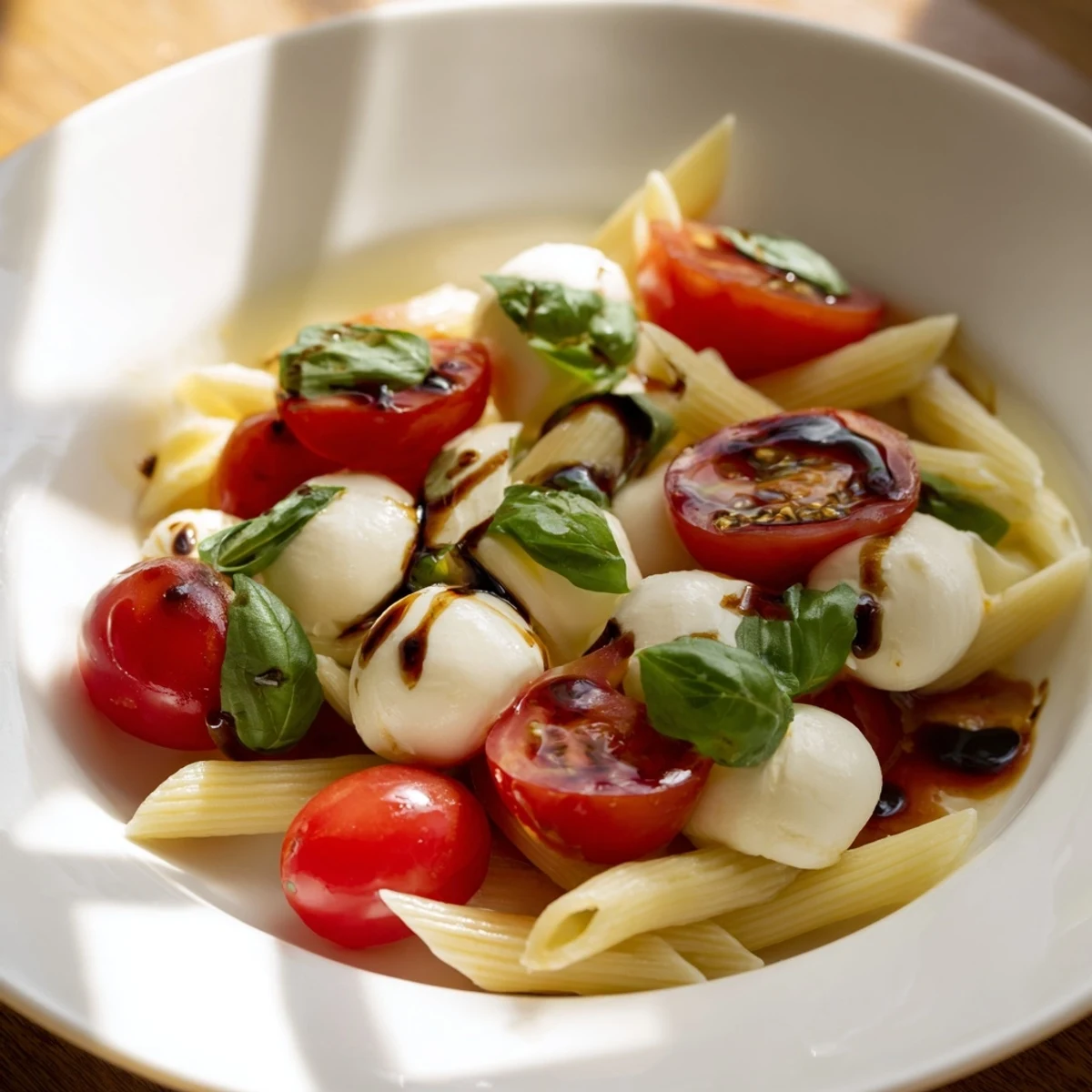 Caprese Pasta Salad topped with fresh basil and mozzarella, a colorful Italian summer dish.