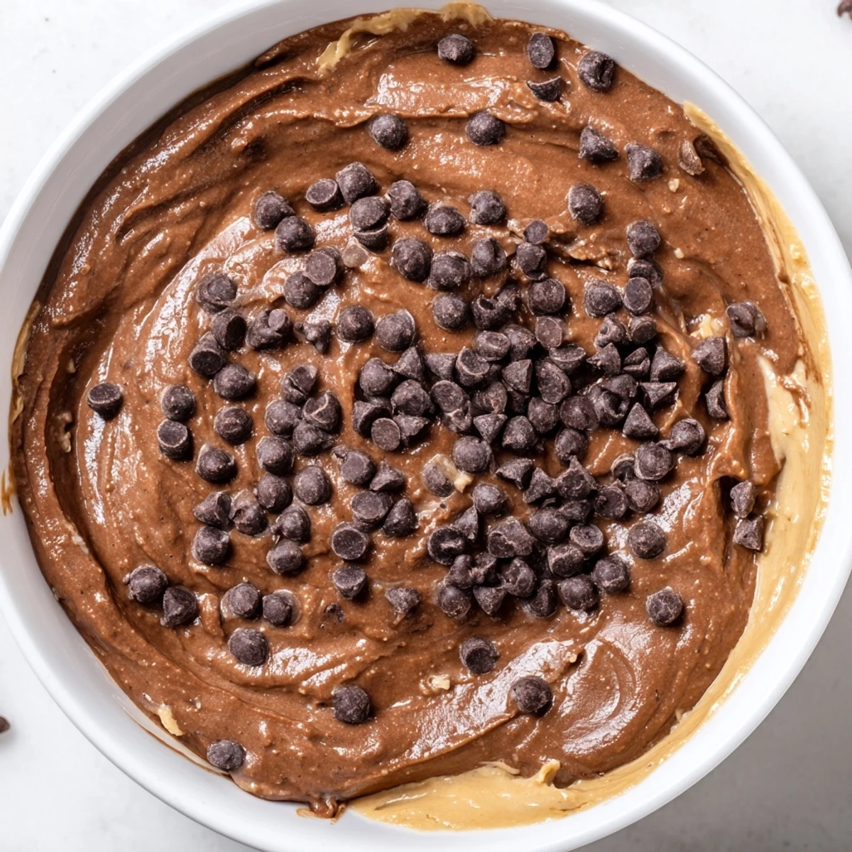 Rich, chocolatey Brownie Batter Dip, swirled and ready to enjoy with fresh fruit and cookies.
