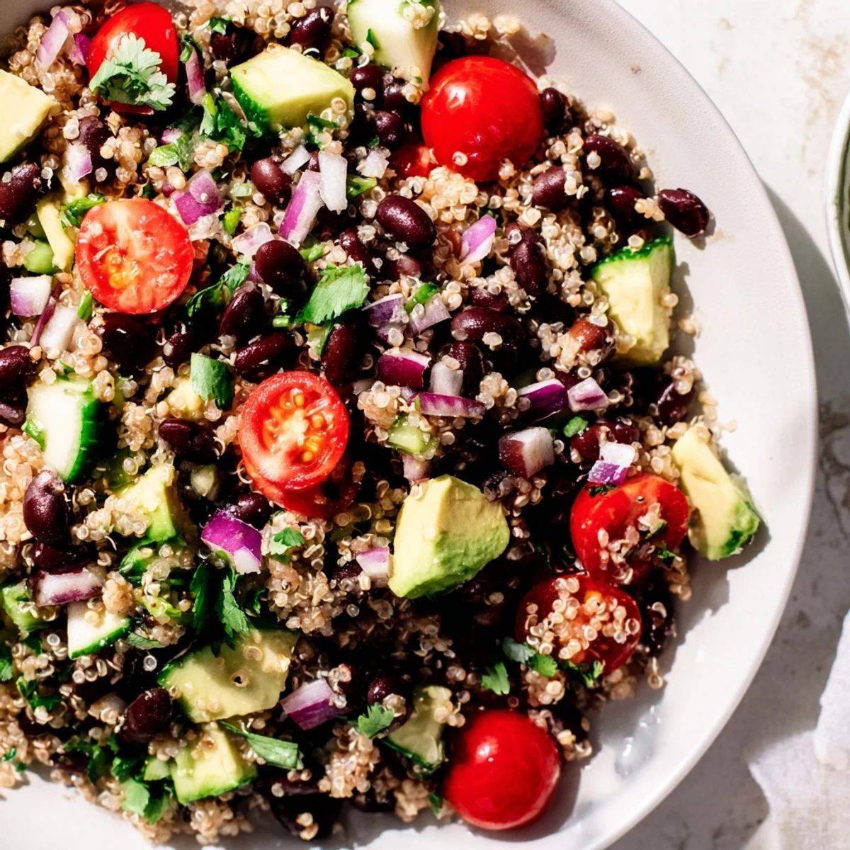 Vibrant Quinoa Black Bean Salad, a colorful mix of fresh veggies, ready to enjoy cold.
