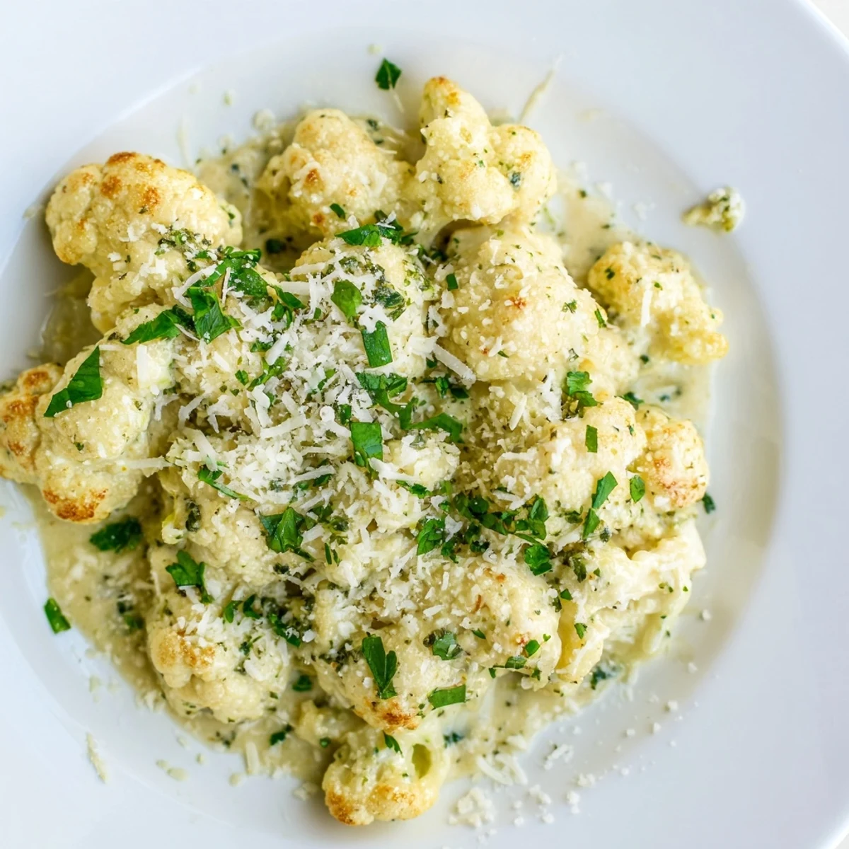 A bubbling, golden Cheesy Cauliflower Mac, a low-carb take on comfort food, ready to serve.