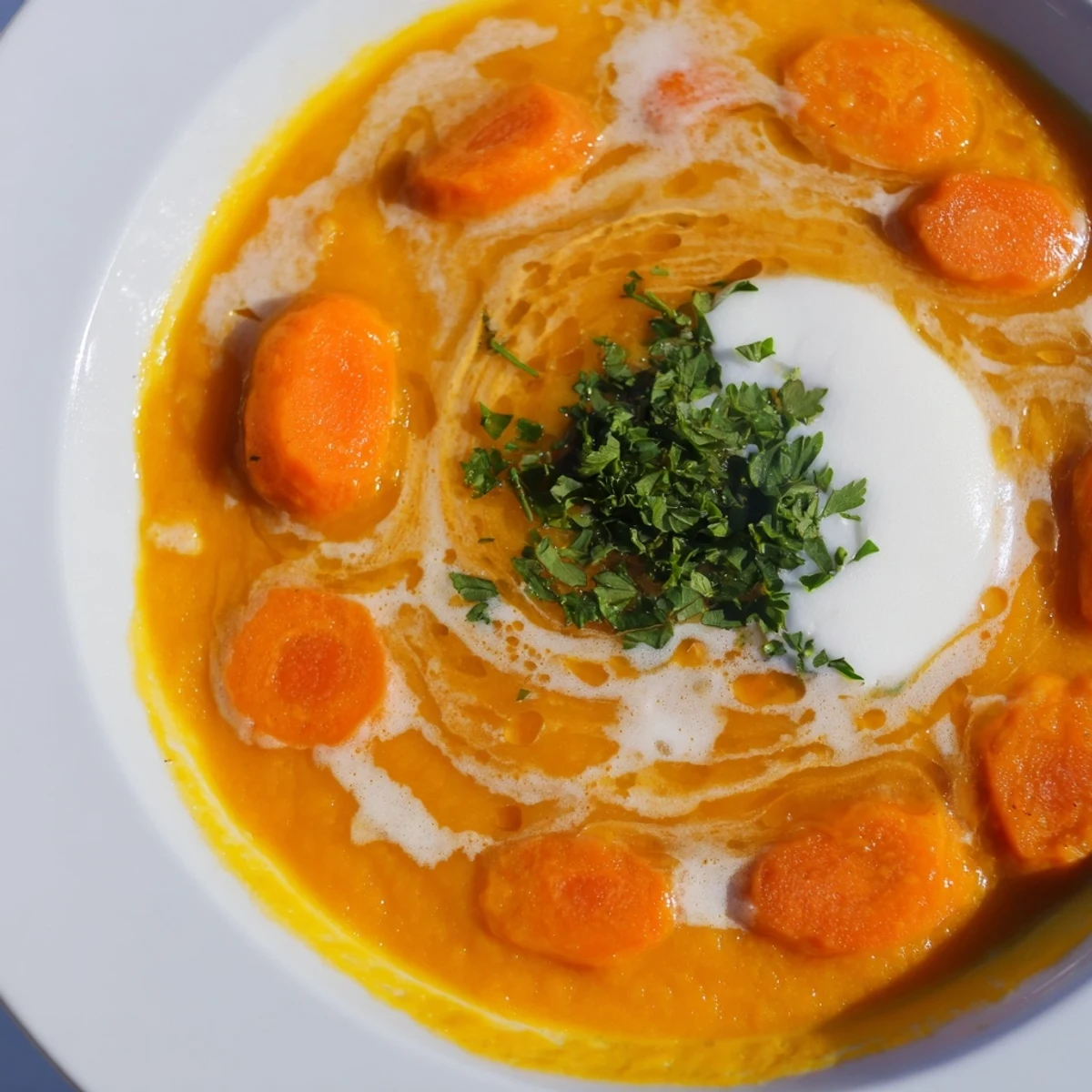 Steaming bowl of Sweet Maple Carrot Soup, garnished with parsley and ready to eat.