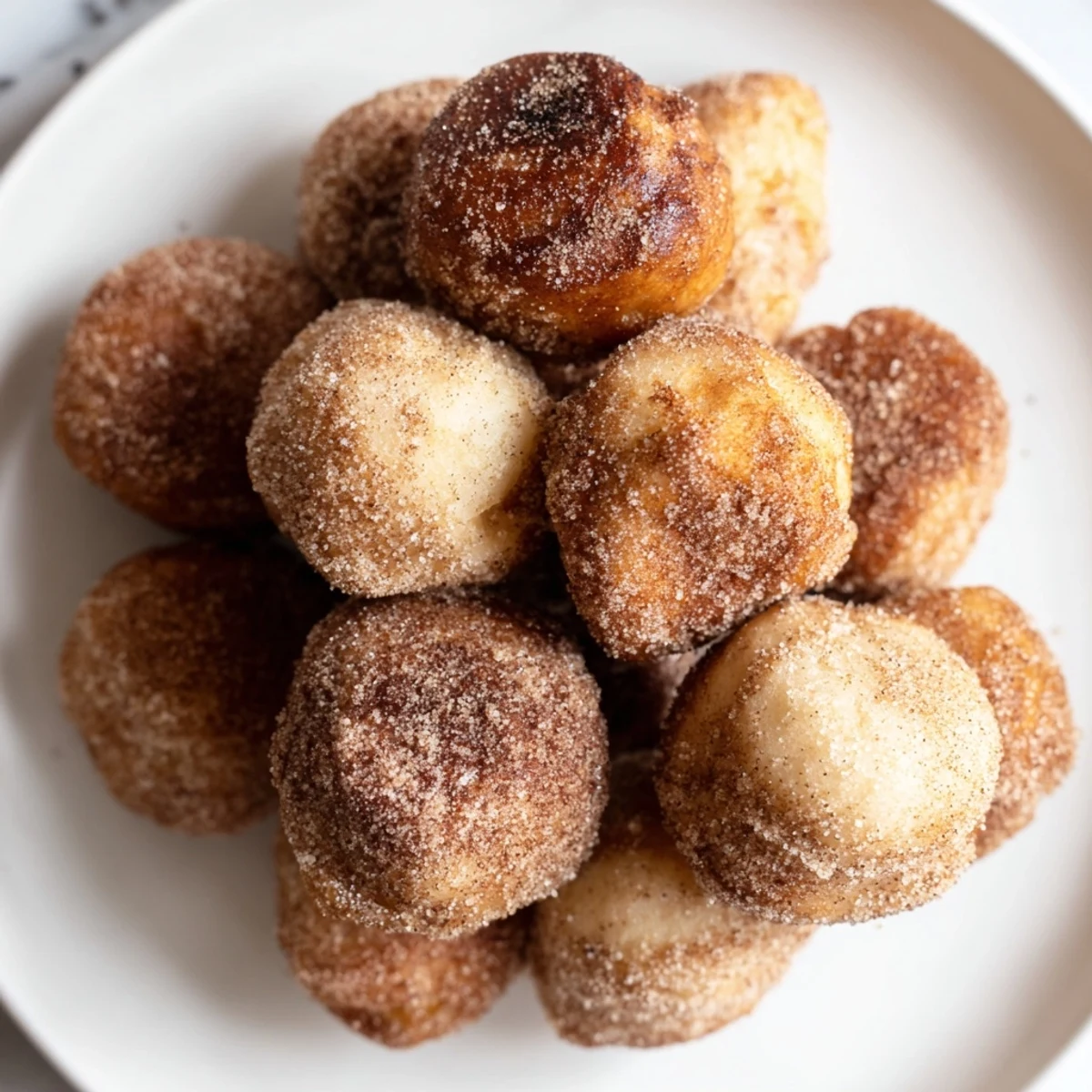 Warm, golden air fryer cinnamon donuts, glistening with cinnamon sugar, perfect for dessert enjoyment.