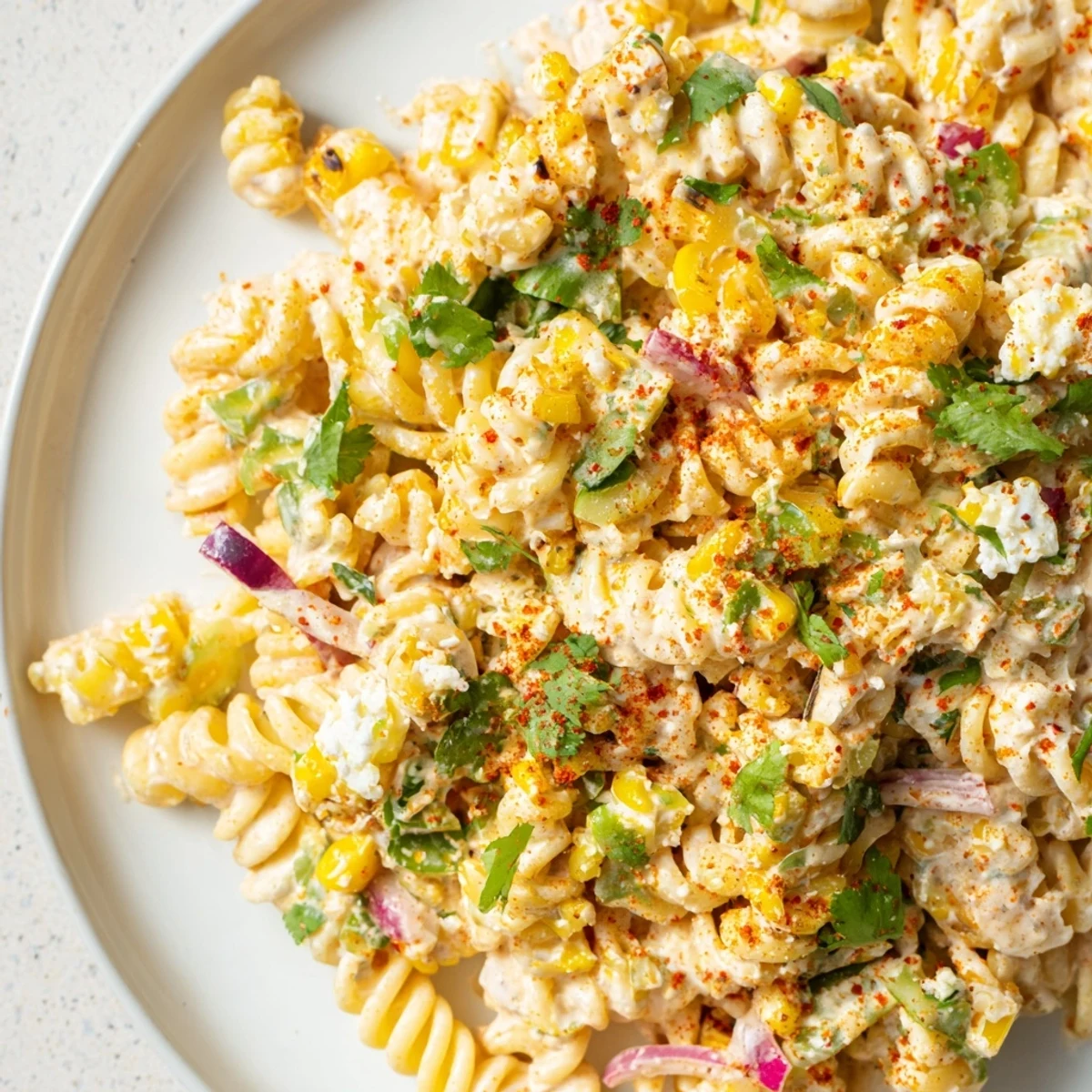 Mexican Street Corn Pasta salad featuring colorful charred corn and creamy dressing, perfect side.