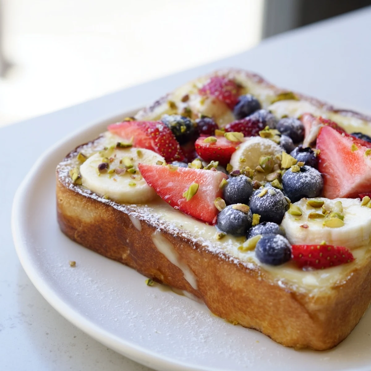 Golden-brown viral yogurt toast with a creamy yogurt filling and fresh, vibrant berries.