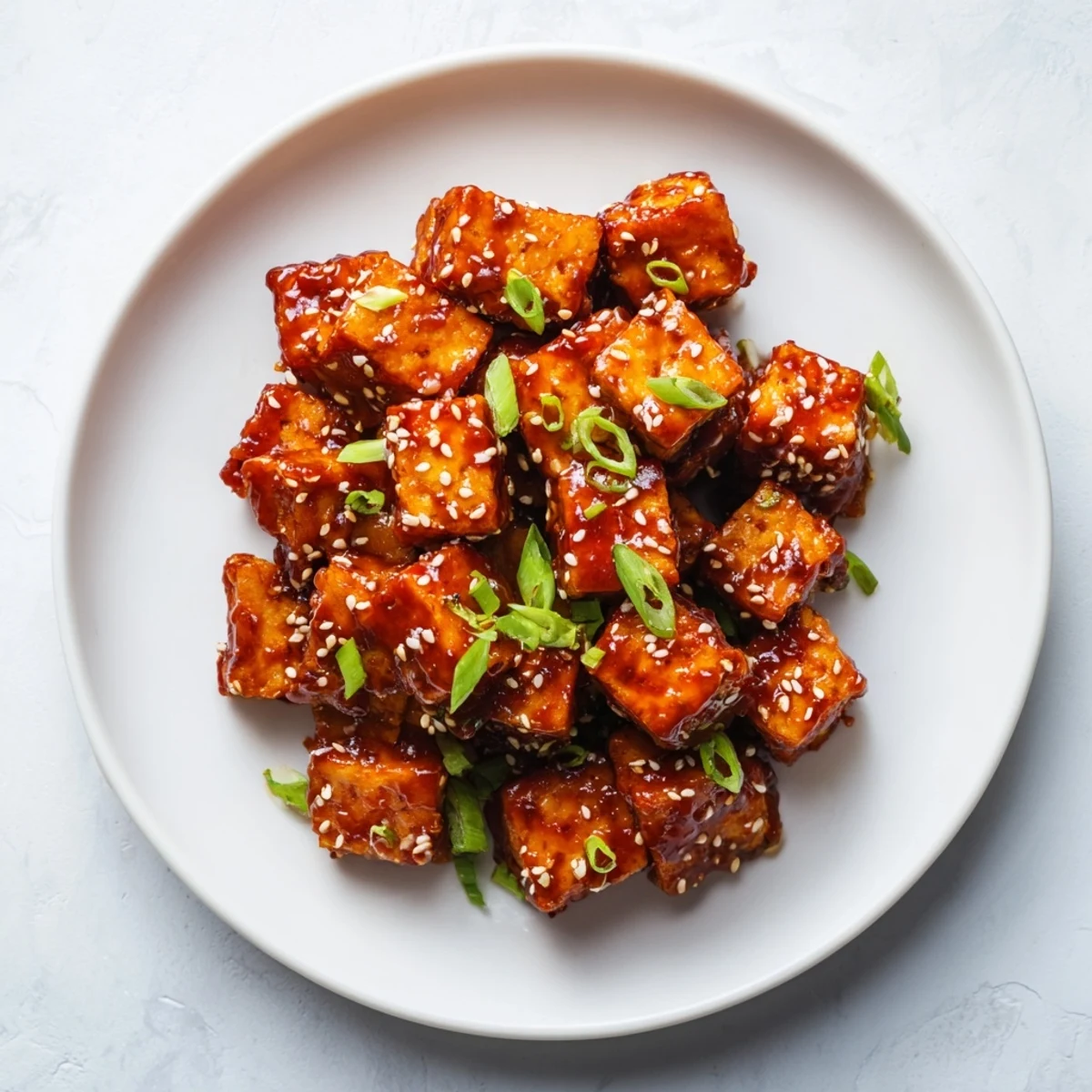 Golden, crispy Honey Gochujang Tofu cubes glistening from a sticky, flavorful sauce, ready to eat.
