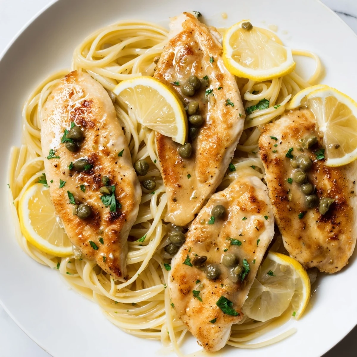 Quick Chicken Piccata Pasta with golden chicken cutlets and a bright, lemony caper sauce.