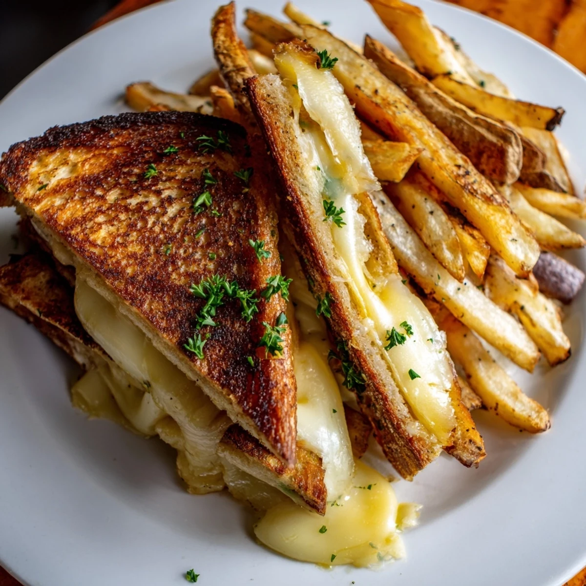 Golden, crispy Beef Tallow French Fries Grilled Cheese, oozing melted cheese for comforting deliciousness.