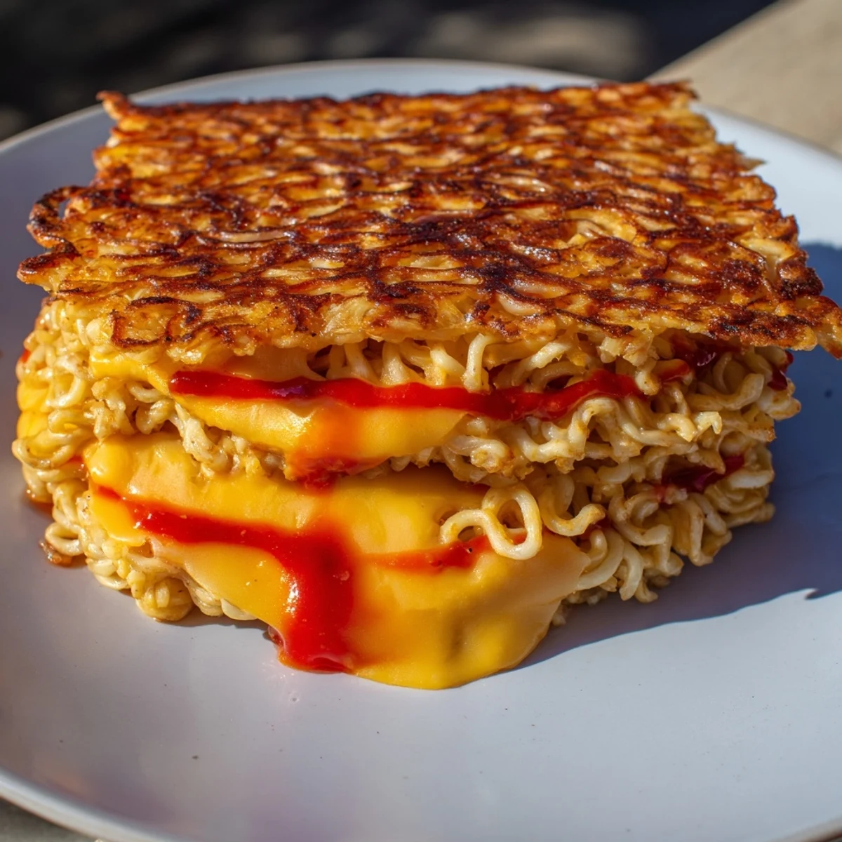 Golden-brown Instant Ramen Grilled Cheese showcasing melted cheese, a comforting fusion snack.